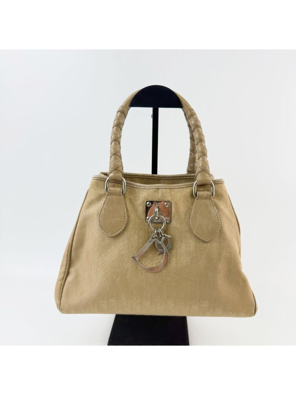 Dior Trotter Braided Handle D Charm Handbag Canvas Beige Vintage